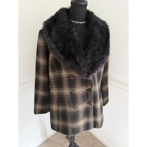 Plaid Double Breasted pea Coat Faux Fur Collar Women's Sz XL vintage style tweed